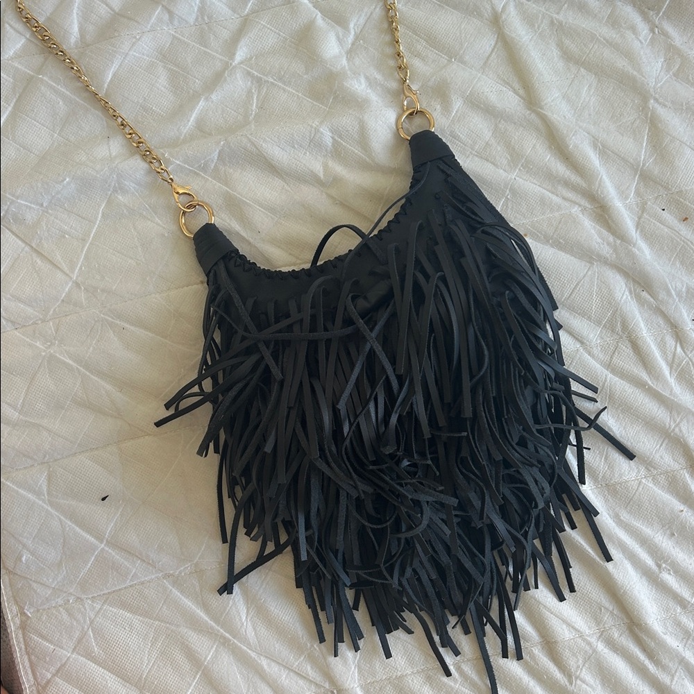 Black Fringe Crossbody Bag with Gold Chain